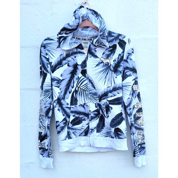 PINK Y2K Victorias Secret Track Jacket Small Bling Sequin Palm Printed Hoodie - Picture 1 of 6
